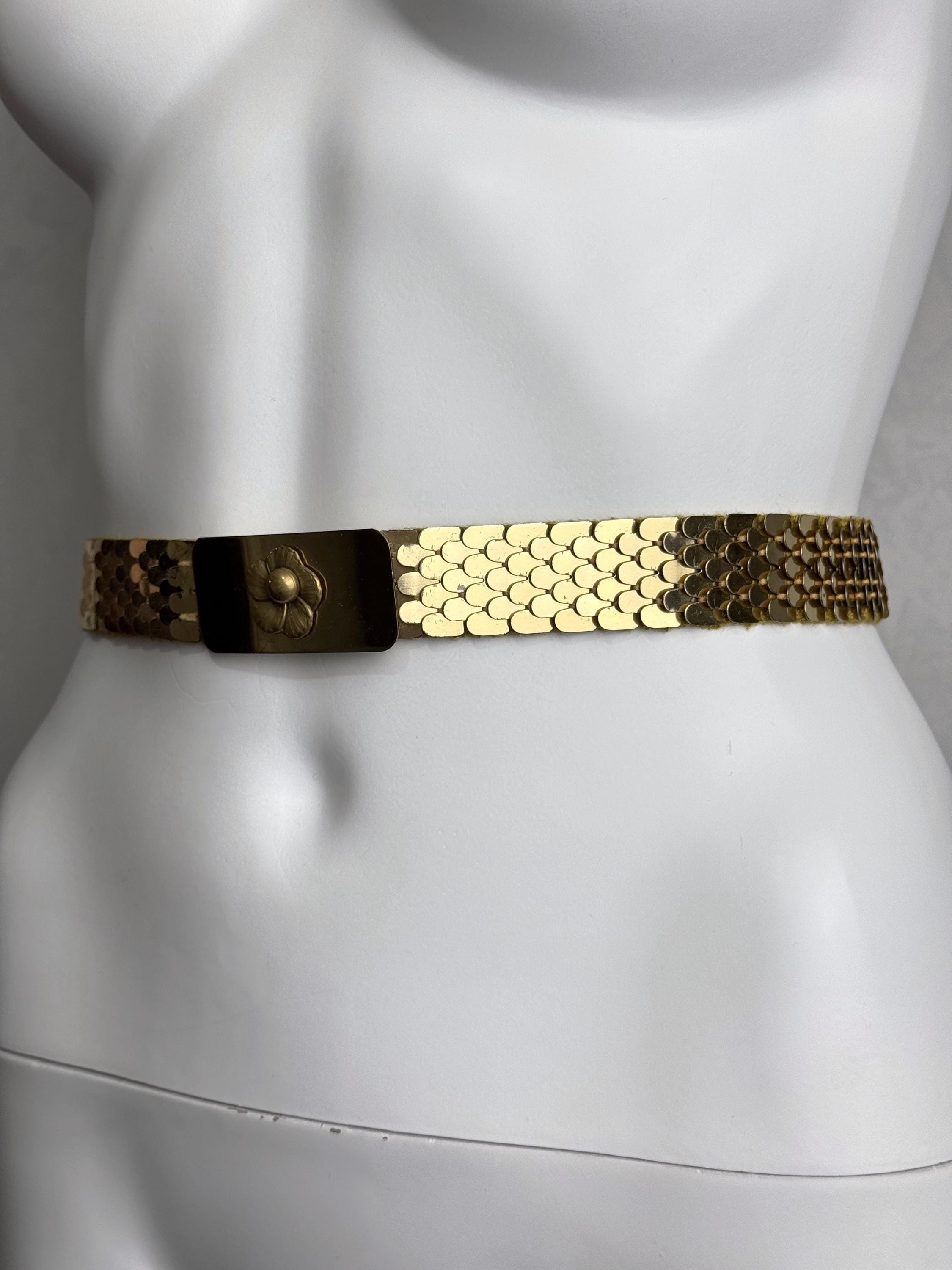 Vintage Fish Scale Belt, Gold Tone Stretch Waist Belt 