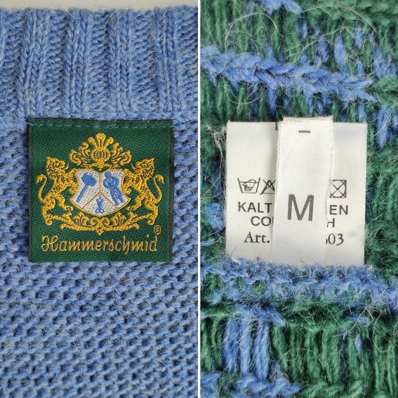 May include: A blue and green knitted jumper with a label that says "Hammerschmid" and a care label that says "KALT CO Art. M EN H 03".