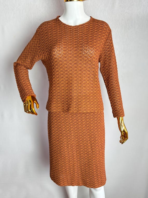Missoni Sport, MISSONI SPORT Vintage Knit Set, Brown Wool Blend Sweater & Skirt, 90s Designer Textured Ensemble, Made In Italy, Zigzag Pattern Outfit, S M