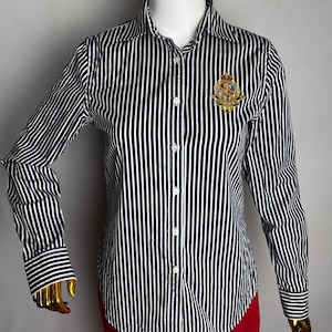 RALPH LAUREN Cotton Shirt, Embroidered Logo Striped Blouse, 90s Womens Polo RL Top, Long Sleeve Button Up Shirt, 90s Casual Clothing, Xs