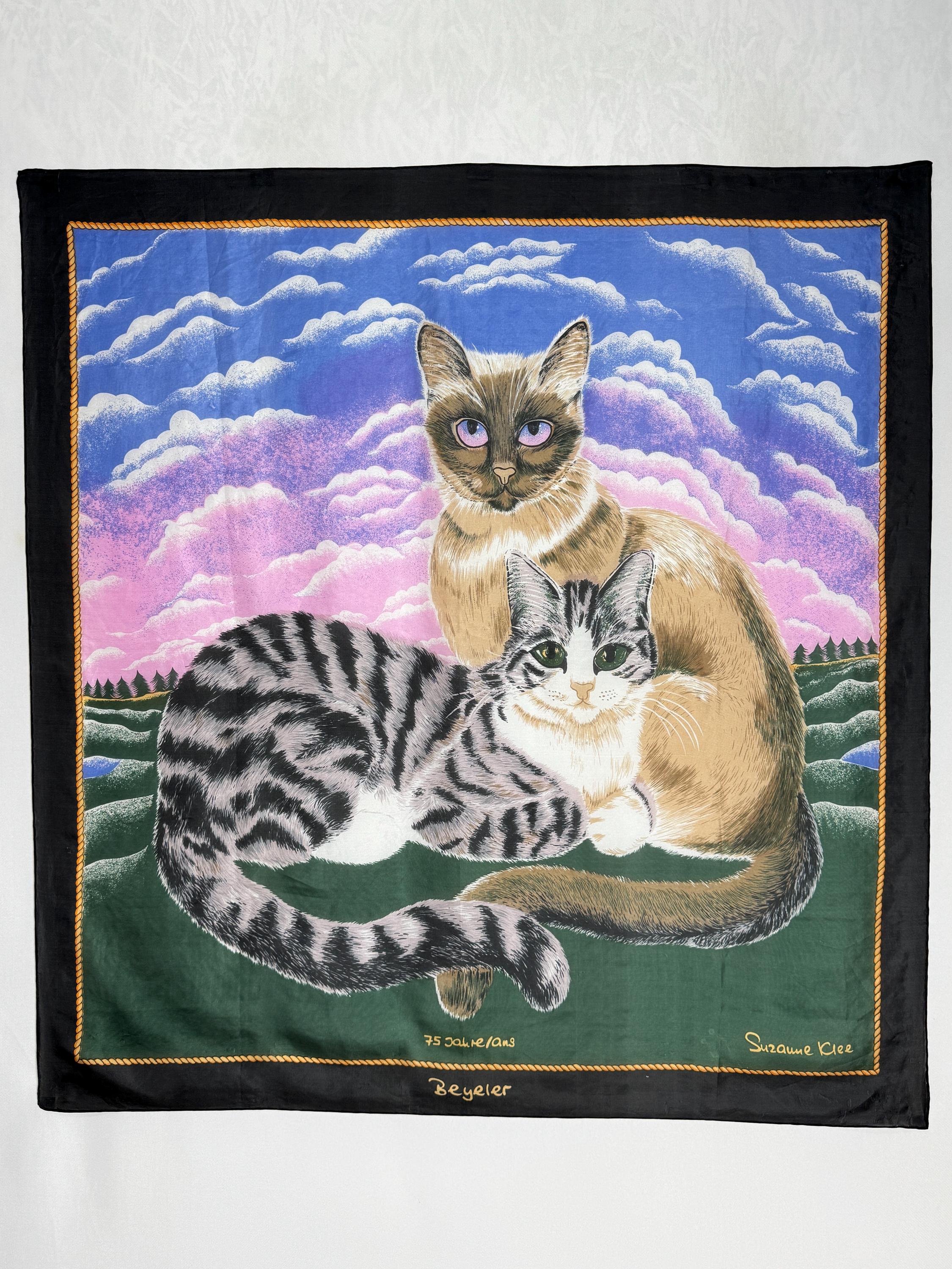 Cat Illustration Silk Scarf, Suzanne Klee Square Scarf, 90s