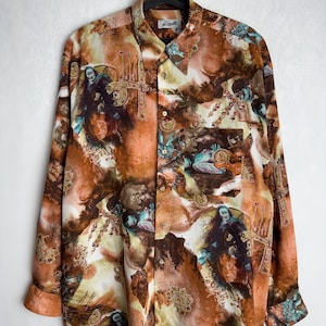 Mens Tribal Print Shirt, 90s Long Sleeve Viscose Shirt, Mystic Shaman Button Up, Spiritual Festival Shirt, Oversized Psychedelic Shirt, XXL