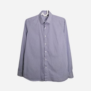 EMANUEL UNGARO Mens Shirt Blue White Striped Cotton Long Sleeve Dress Shirt Classic Fit Button Up Vintage Designer France Medium Size M 16