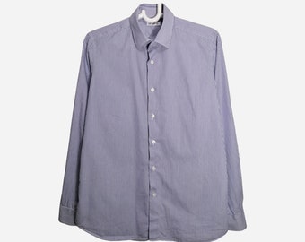 EMANUEL UNGARO Mens Shirt Blue White Striped Cotton Long Sleeve Dress Shirt Classic Fit Button Up Vintage Designer France Medium Size M 16