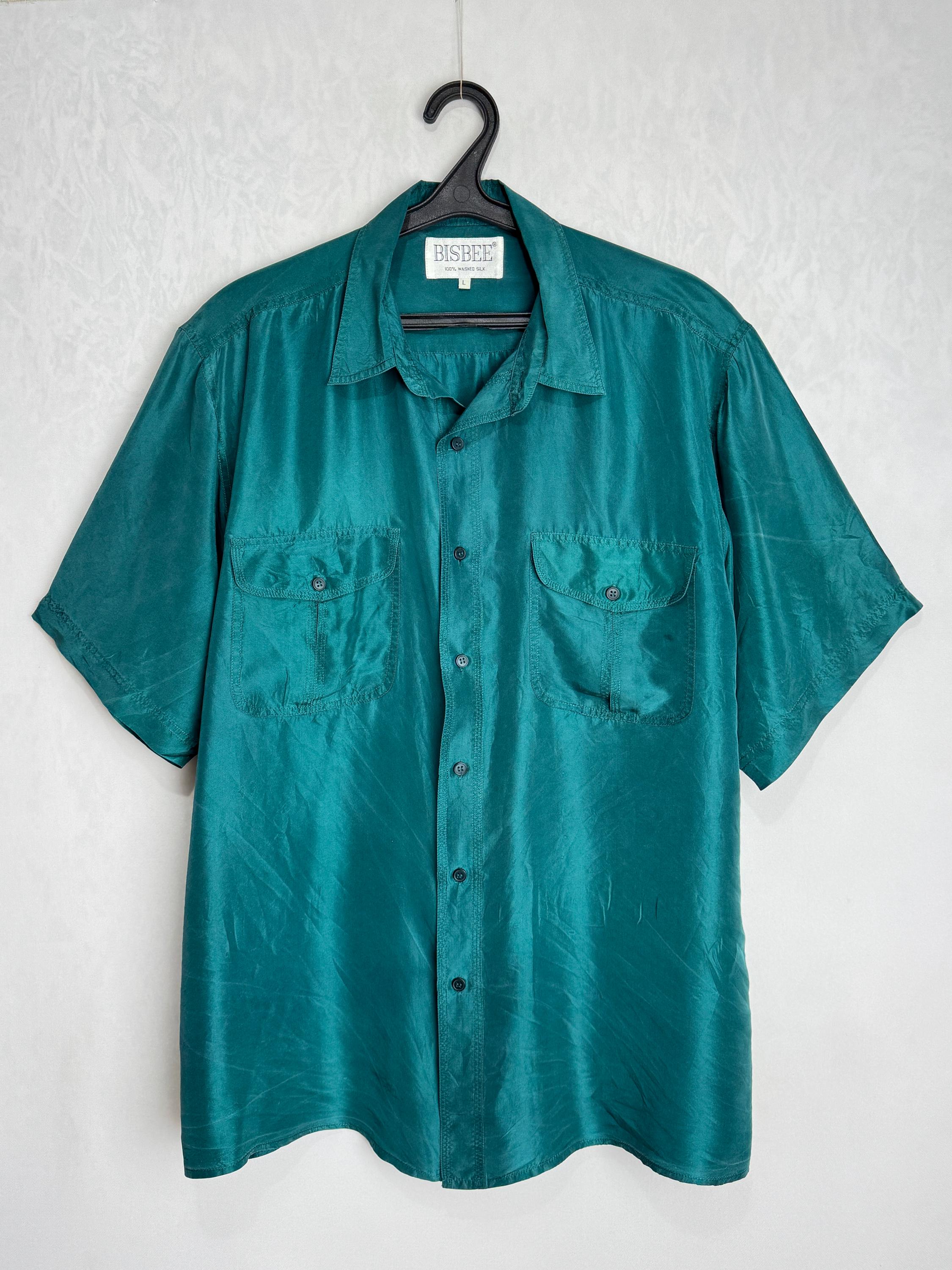 Vintage Mens Silk Shirt, 90s Oversized Pure Silk Blouse, Teal Silk