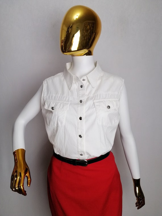 VERSACE JEANS COUTURE Cotton Top, Medusa Button Up Blouse, Gianni Versace White Sleeveless Shirt, Y2K Authentic Italian Designer, Size xl