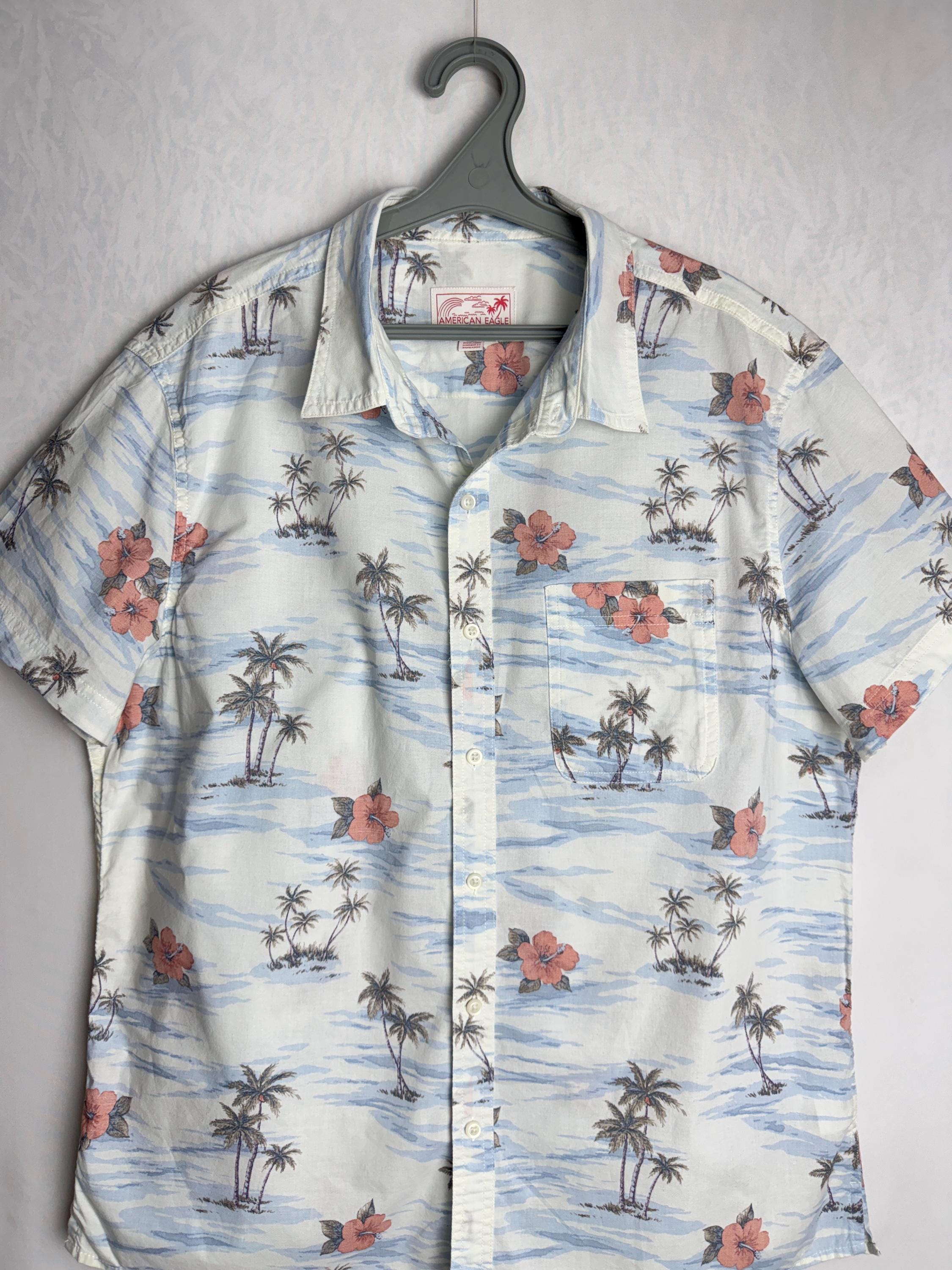 Chemise American Eagle Manches Courtes Aqua - Taille M, Col Boutonné, Occasion