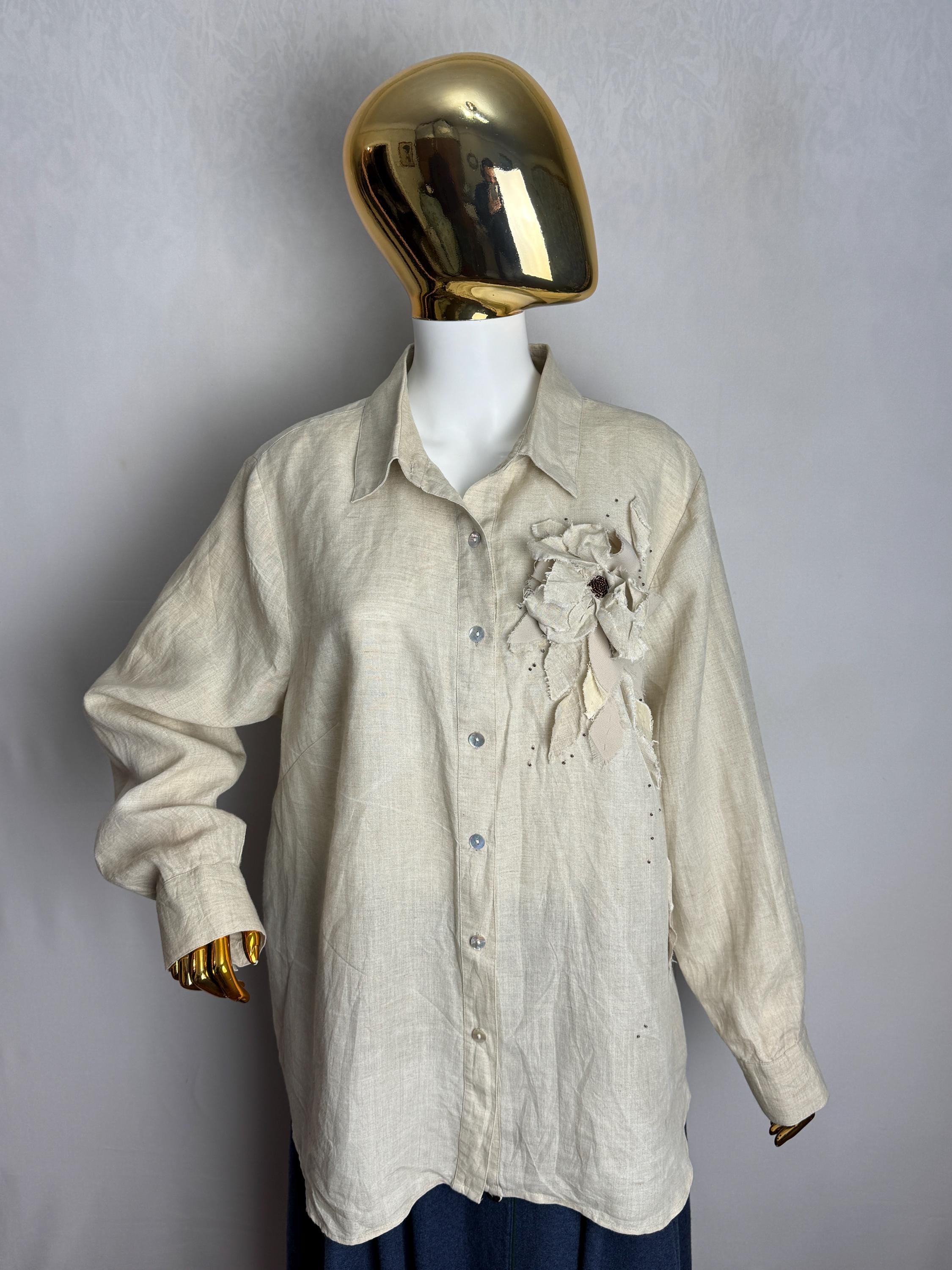 Vintage Irish Linen Shirt, Handmade Floral Applique Top, Natural