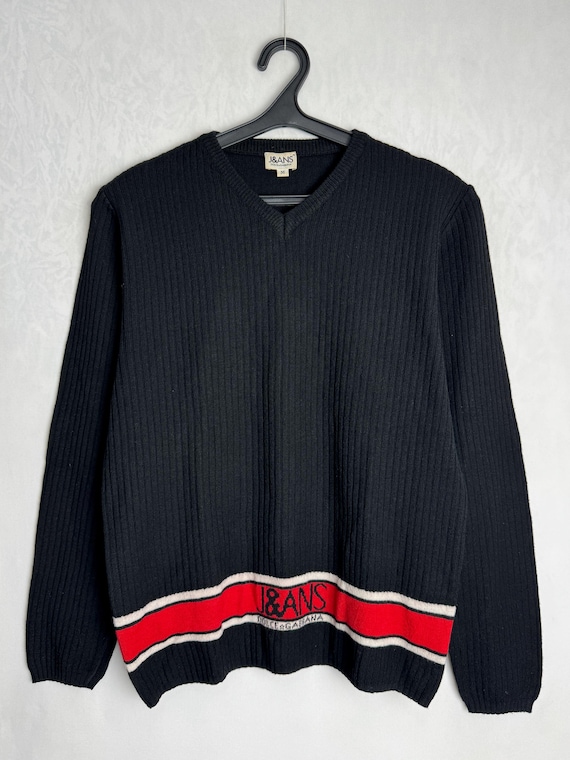 DOLCE & GABBANA Vintage Men Sweater, 90s DG Logo V-neck Pullover