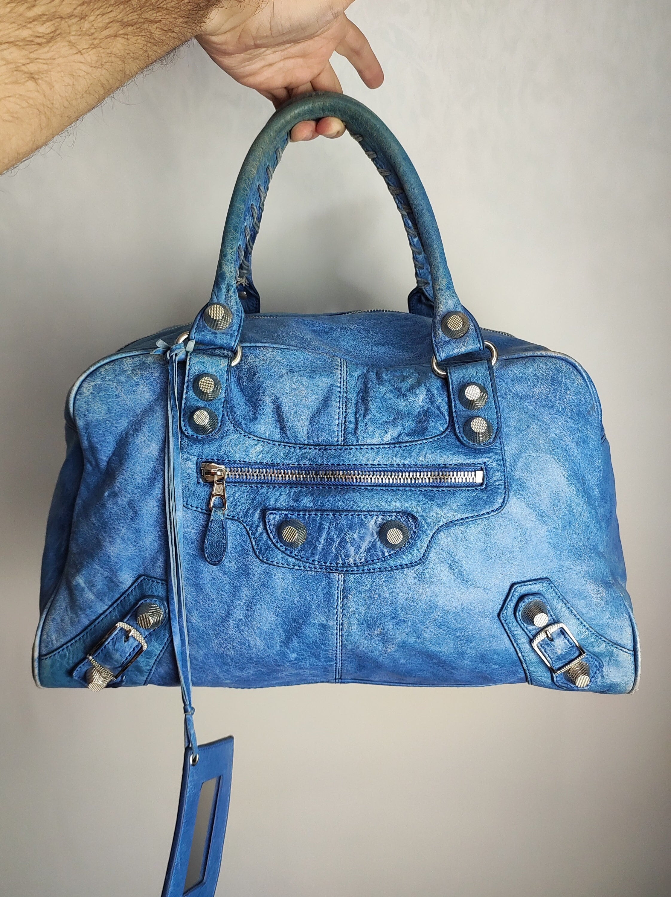 Luxury handbag - Hourglass Balenciaga handbag in electric blue leather