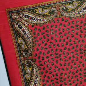 Puede incluir: Un pa&ntilde;uelo rojo con estampado de cachemira y borde verde oscuro. El pa&ntilde;uelo presenta un patr&oacute;n repetido de peque&ntilde;as formas de cachemira negras sobre un fondo rojo. El borde tiene un dise&ntilde;o detallado con elementos de cachemira amarillos, negros y blancos.