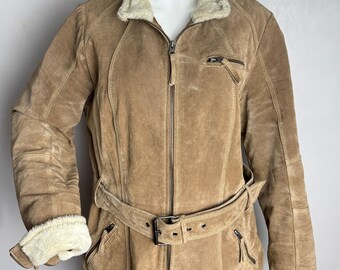 Vintage Real Suede Jacket, Faux Shearling Winter Coat, Genuine Leather Zip Jacket, Classic Aviator Belted Jacket, Western Cowgirl Outerwear
