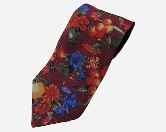 VINTAGE Mens Silk Neck Tie Floral Berry Print Pure Silk Designer Wedding Necktie For Men Gift For Him