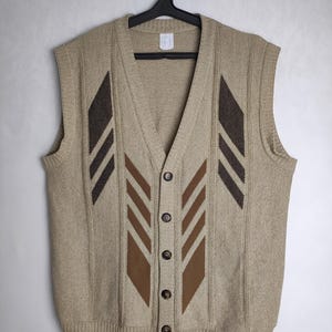 Vintage Mens V-Neck Vest, 90s Oversized Unisex Vest, Grandpa Sleeveless Sweater, Geometric Patterned Vest, Oldschool Cosby Sweater, Size L