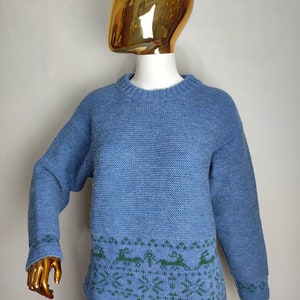 May include: A blue knitted jumper with a green reindeer pattern around the bottom hem.