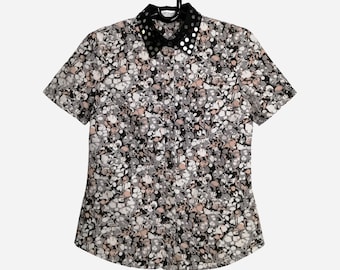 VIKTOR & ROLF Vintage damskjorta med abstrakt tryck, kortärmad blus, tillverkad i Italien, bomulls- och sidenskjorta med knappar