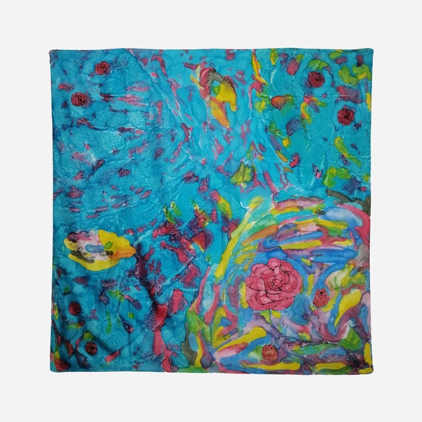 VINTAGE Hand Painted Silk Scarf Abstract Handmade Pure Silk Square Scarf Hand Rolled Womens Unique Large Shawl Head Scarf