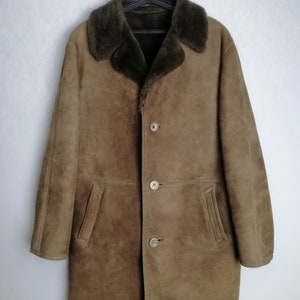90s Mens Faux Suede Coat, Brown Eco Leather Shearling Coat, Warm Winter Collared Jacket, Faux Sheepskin Coat, Cowboy Western Outerwear, XL