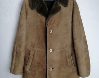 90s Mens Faux Suede Coat, Brown Eco Leather Shearling Coat, Warm Winter Collared Jacket, Faux Sheepskin Coat, Cowboy Western Outerwear, XL