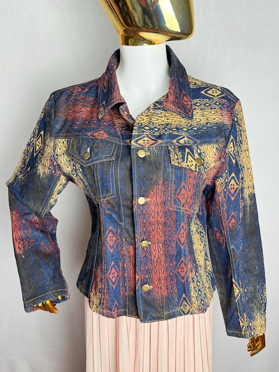 90s Tribal Print Fitted Denim Jacket, Multicolor Boho Chic Jean Jacket, Unique Artwear Cotton Blazer, Aztec Southwestern Festival Jacket, M