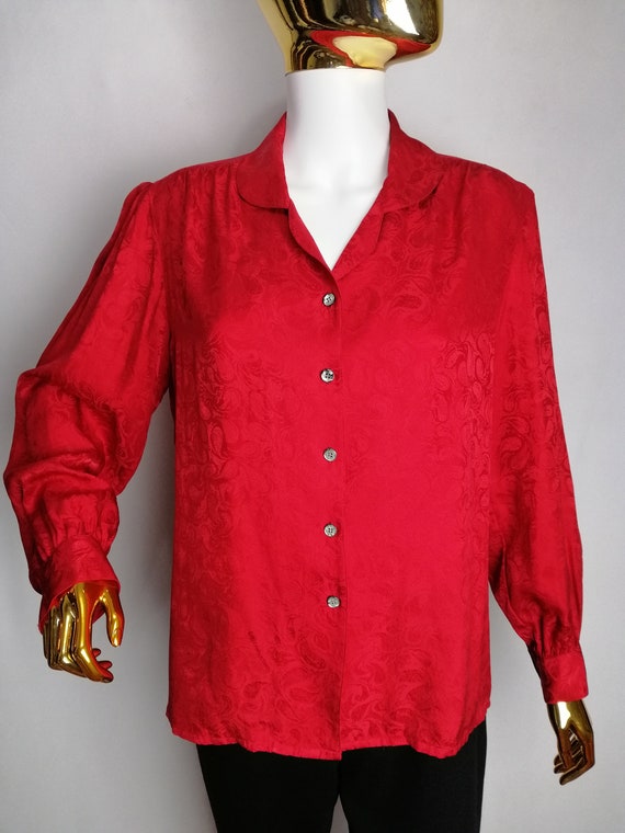 70s Red Silk Blouse, Puff Sleeve Retro Blouse, Co… - image 4