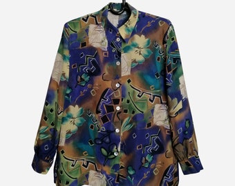 VINTAGE mujeres impreso blusa 80s abstract floral impresión psicodélica blusa sintética seda manga larga tamaño XL