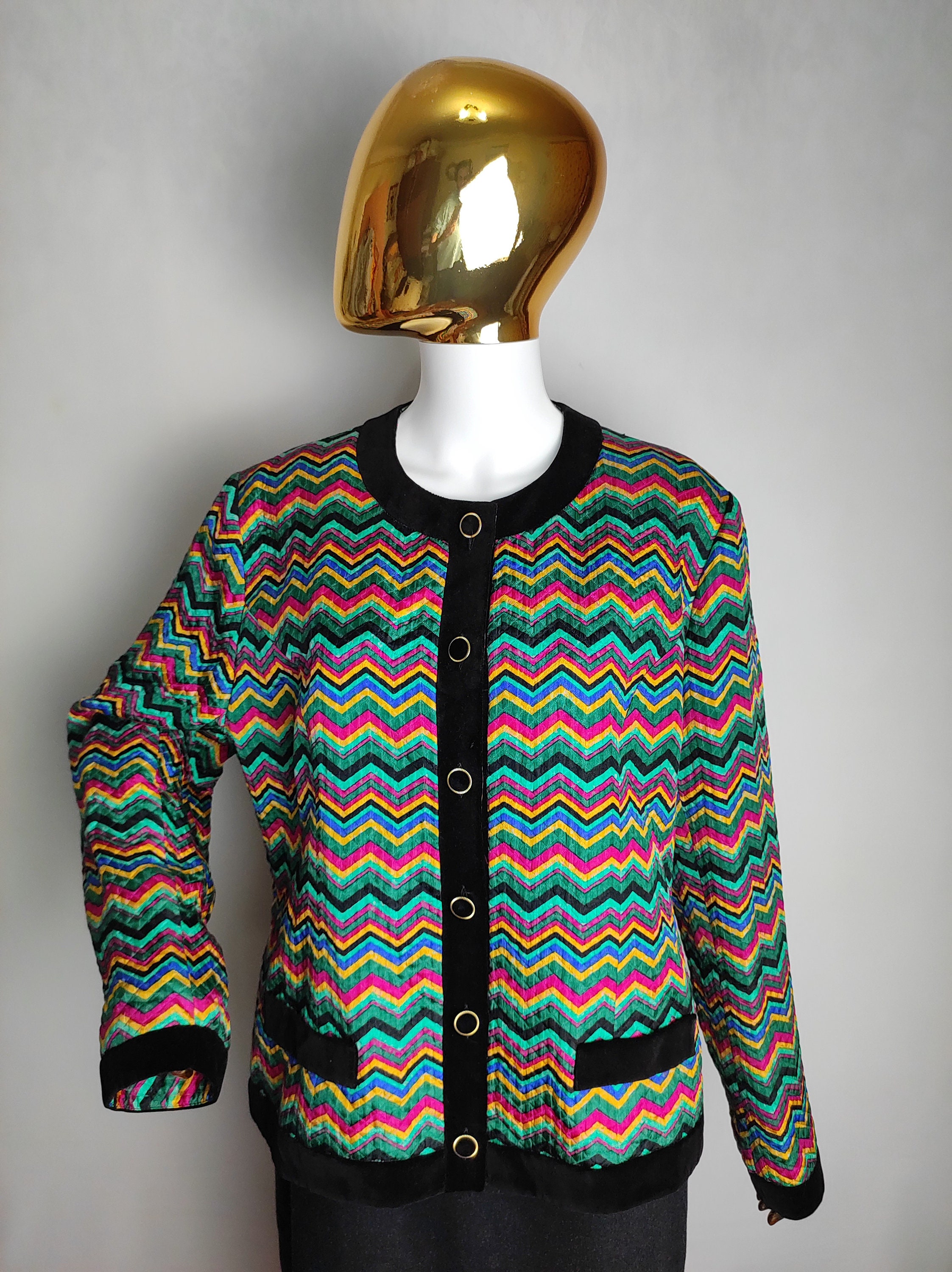 80s Vintage French Jacket, Multicolor Zigzag Pattern Blazer