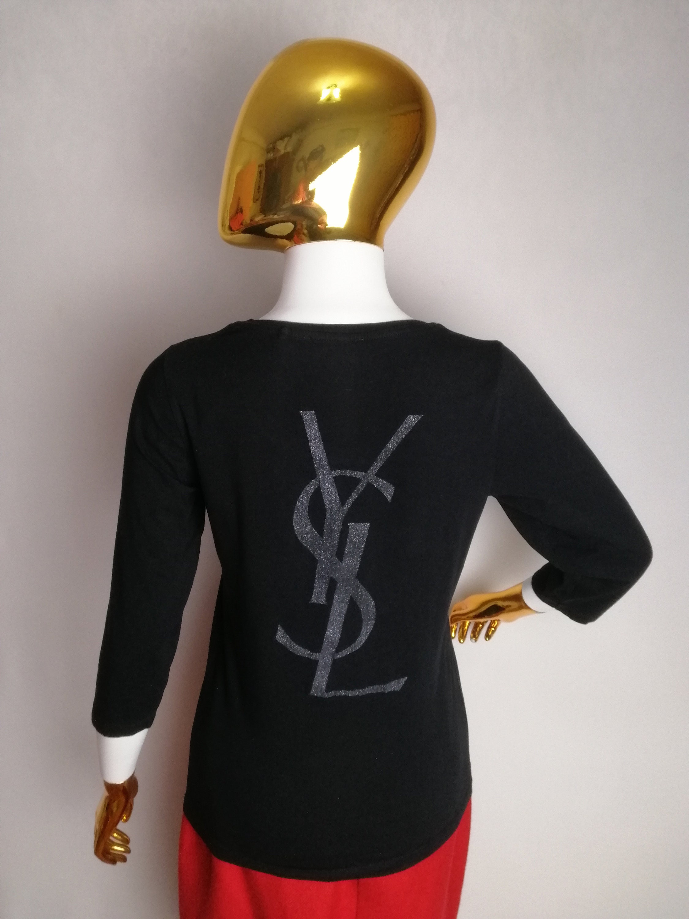 Yves Saint Laurent リンガーTシャツ センター刺繍ロゴ y2k うーぱー様【刺繍入り】リンガーTシャツ グレー レッド 00s Y2K