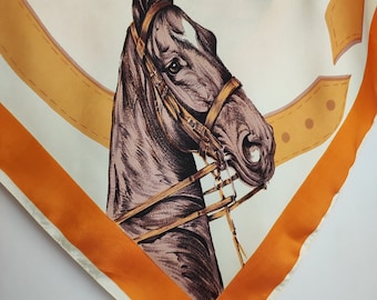 Equestrian Square Scarf, Horse Head Silky Scarf, 70s Acetate Equestrian Square Scarf, Horse Head Silky Scarf, 70s Acetate
