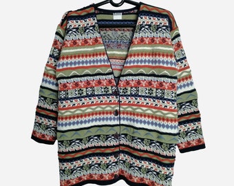 VINTAGE Cárdigan para mujer Mezcla de lana de los años 80 Suéter con estampado geométrico de gran tamaño Cárdigan de punto Hipster con textura 3D colorida