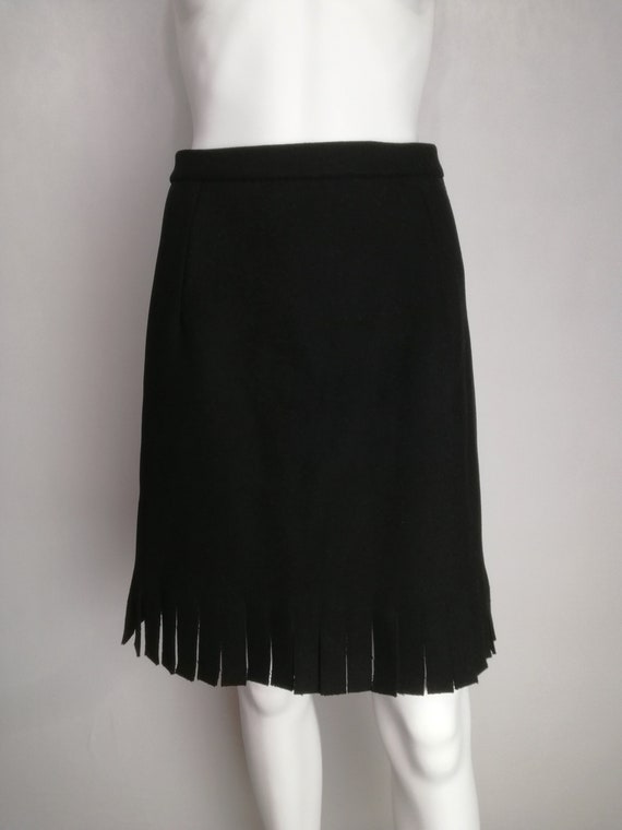 Azzedine Alaïa, ALAÏA Wool Mini Skirt, Azzedine Alaia Winter 1986 Skirt, Designer Black Fringed Skirt, Minimalist High Waisted Skirt, Made In France, Size M