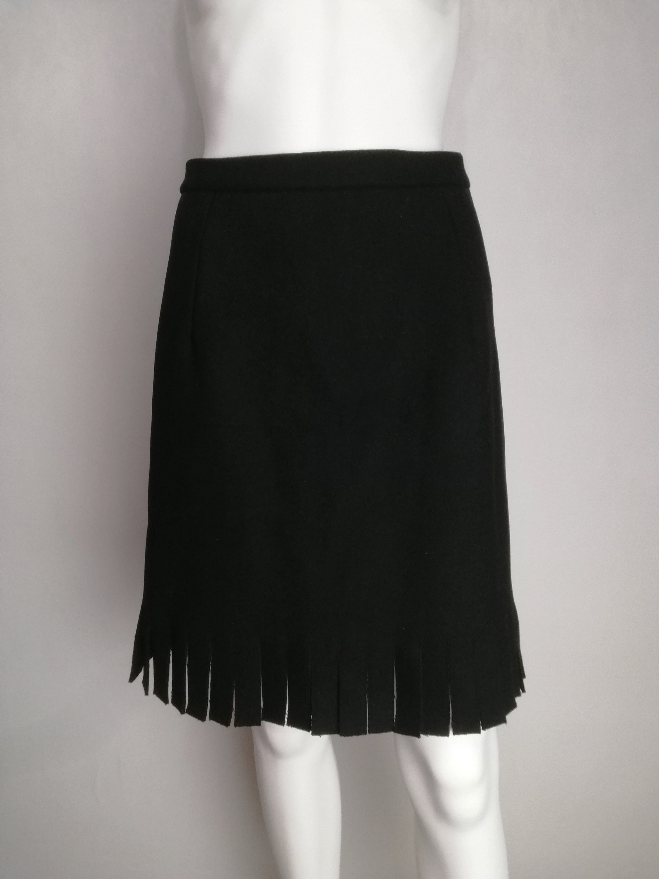 Azzedine Alaïa, ALAÏA Wool Mini Skirt, Azzedine Alaia Winter 1986 Skirt, Designer Black Fringed Skirt, Minimalist High Waisted Skirt, Made In France, Size M