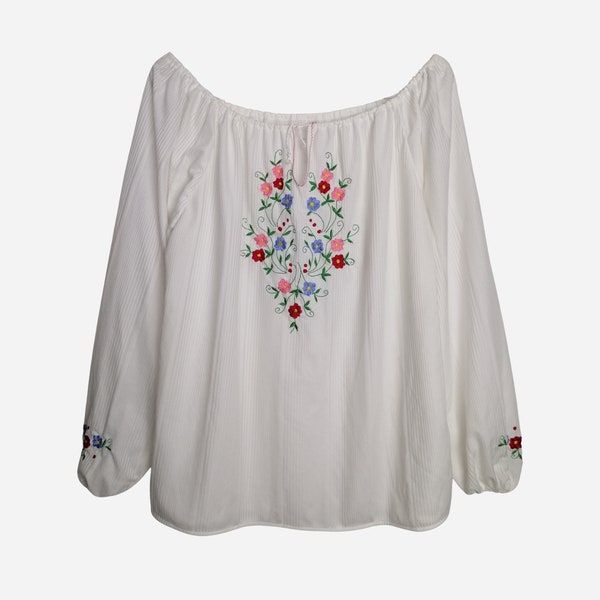 Floral Embroidered Blouse, 80s White Ethnic Blouse, Long Sleeve Embroidery Top, Peasant Boho Summer Blouse, Artisan Mexican Bohemian Blouse