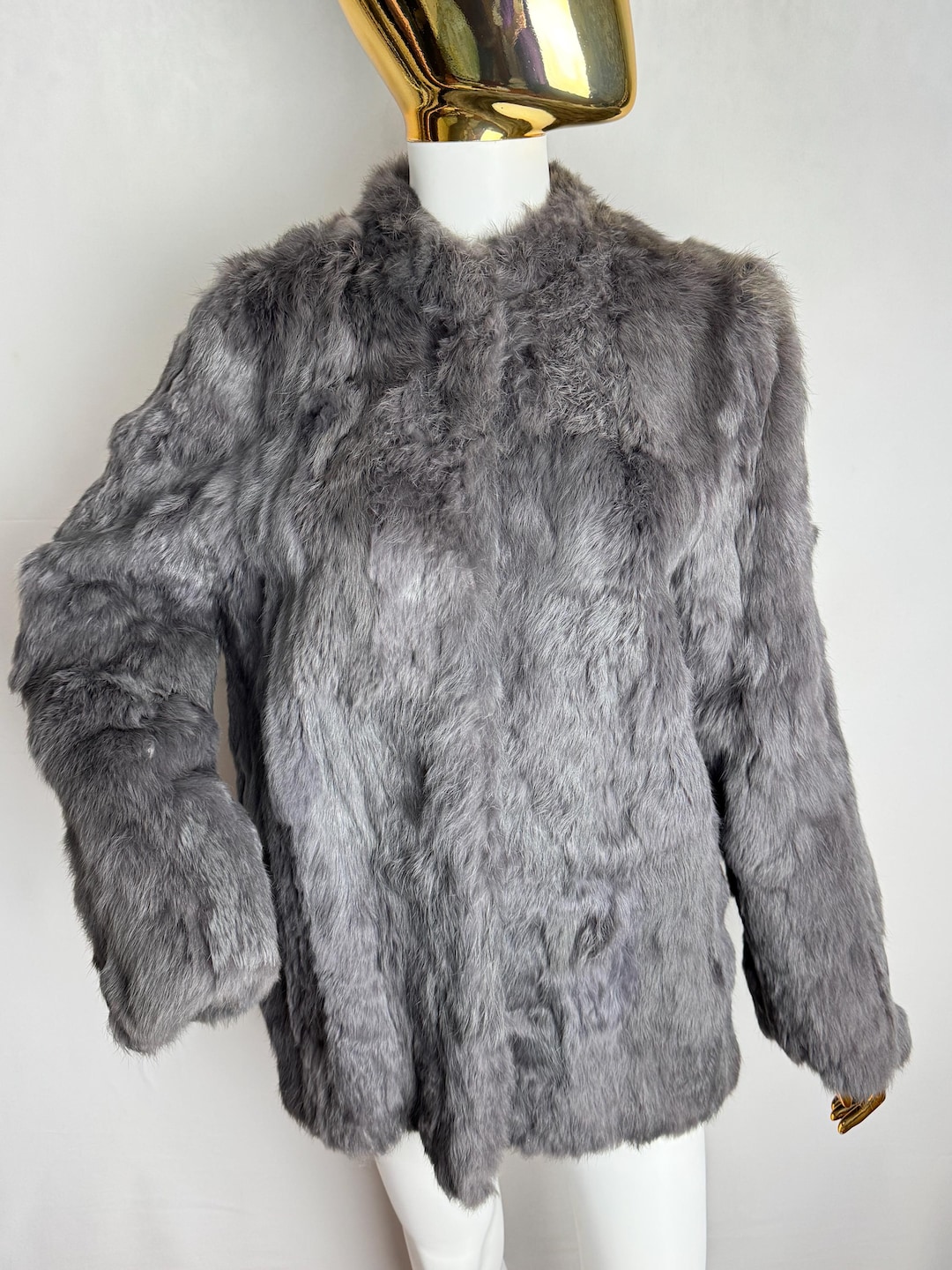 Old Rabbit Coat Vintage Rabbit Fur Coat, 80s Gray Plush Real Fur Jacket, Genuine Fur ...