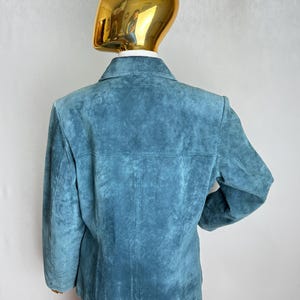 90-tals dammockajacka, skifferblå äkta läderkavaj, minimalistisk westernkappa, klassisk retro höstjacka, tidlösa mockaytterkläder, M L bild 8