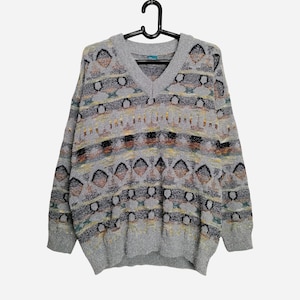 VINTAGE Mens Sweater, 80s Cotton Grandpa Sweater, Geometric Patterned Knitwear, Unisex Cosby Hipster Sweater, Gray Oversized Large Sweater