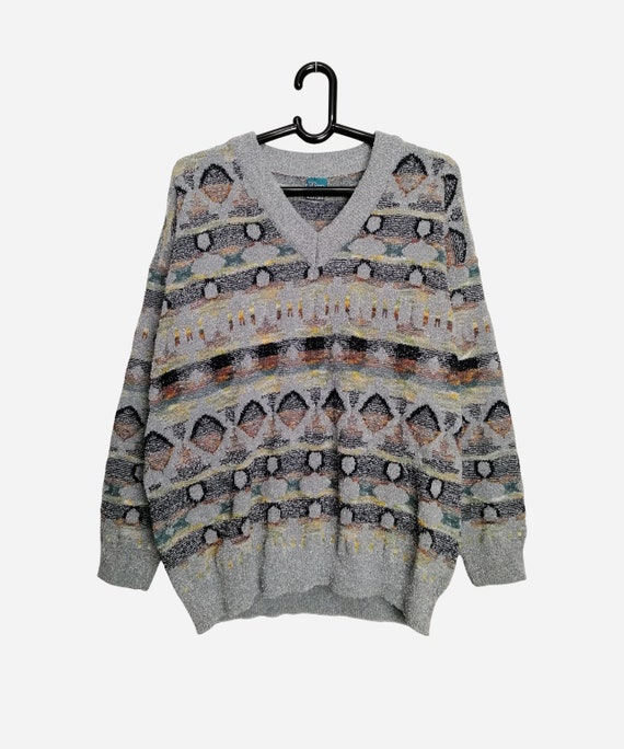 VINTAGE Mens Sweater 80s Cotton Grandpa Sweater Geometric Patterned Knitwear Unisex Cosby Hipster Sweater Gray Oversized Large Sweater Etsy UK