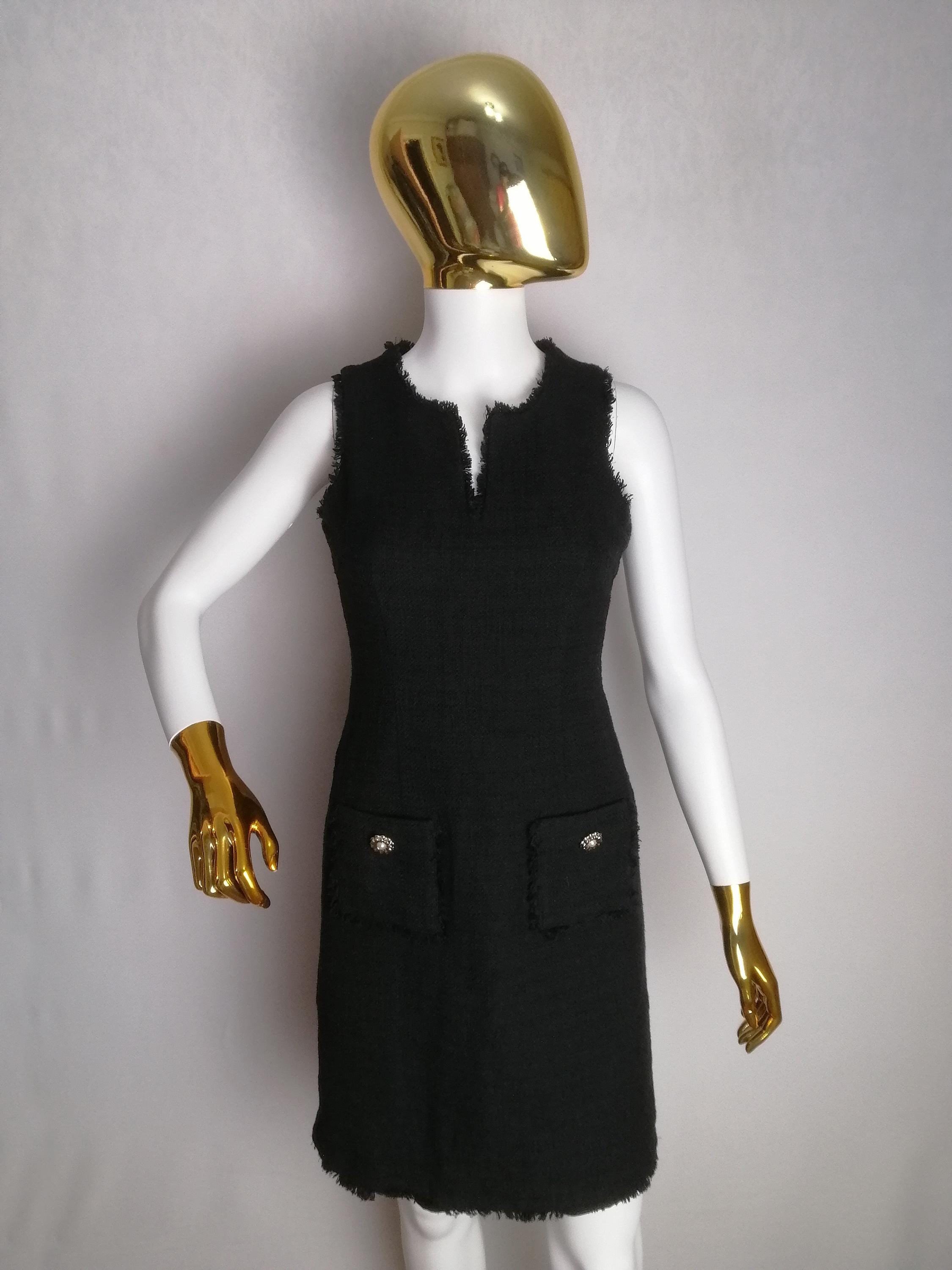 KARL LAGERFELD Sleeveless Tweed Dress Y2K French Designer Black Mini Dress KL Womens Classic Sheath Dress Frayed Hem Split Neck Dress S Etsy