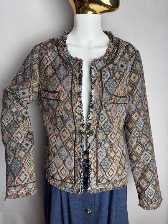 Tapestry Woven Jacket, Geometric Pattern Boho Bla… - image 1