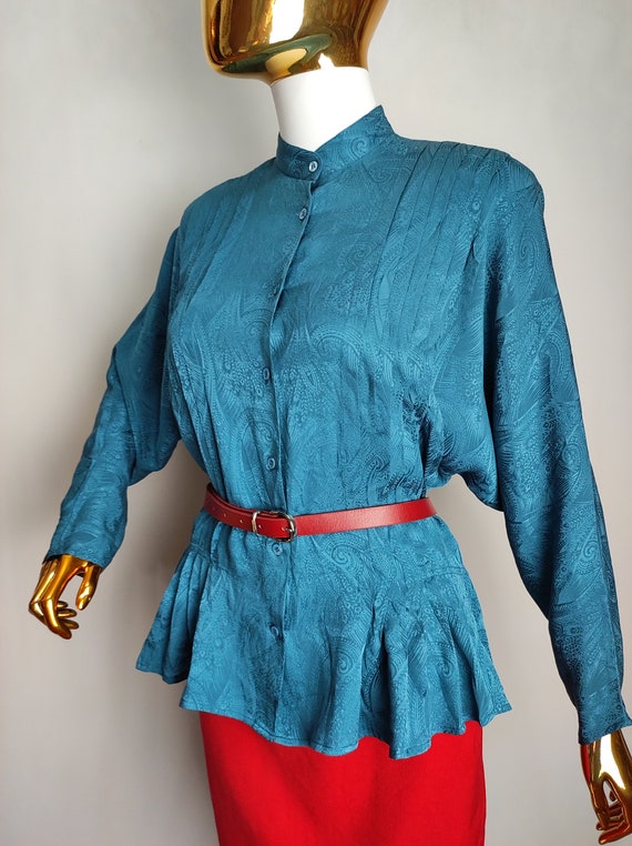 70s Turquoise Silk Blouse, Pleated Pure Silk Shir… - image 10