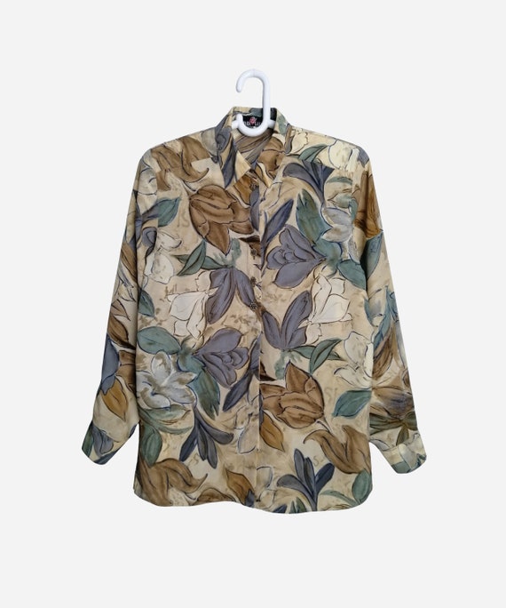 VINTAGE Womens Printed Blouse 90s Floral Print Psychedelic Polyester Synthetic Silk Long Sleeve Shirt