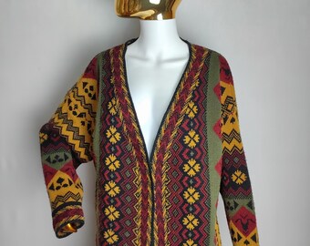 80s Nordic Open Front Cardigan, Geometric Pattern V-neck Cardigan