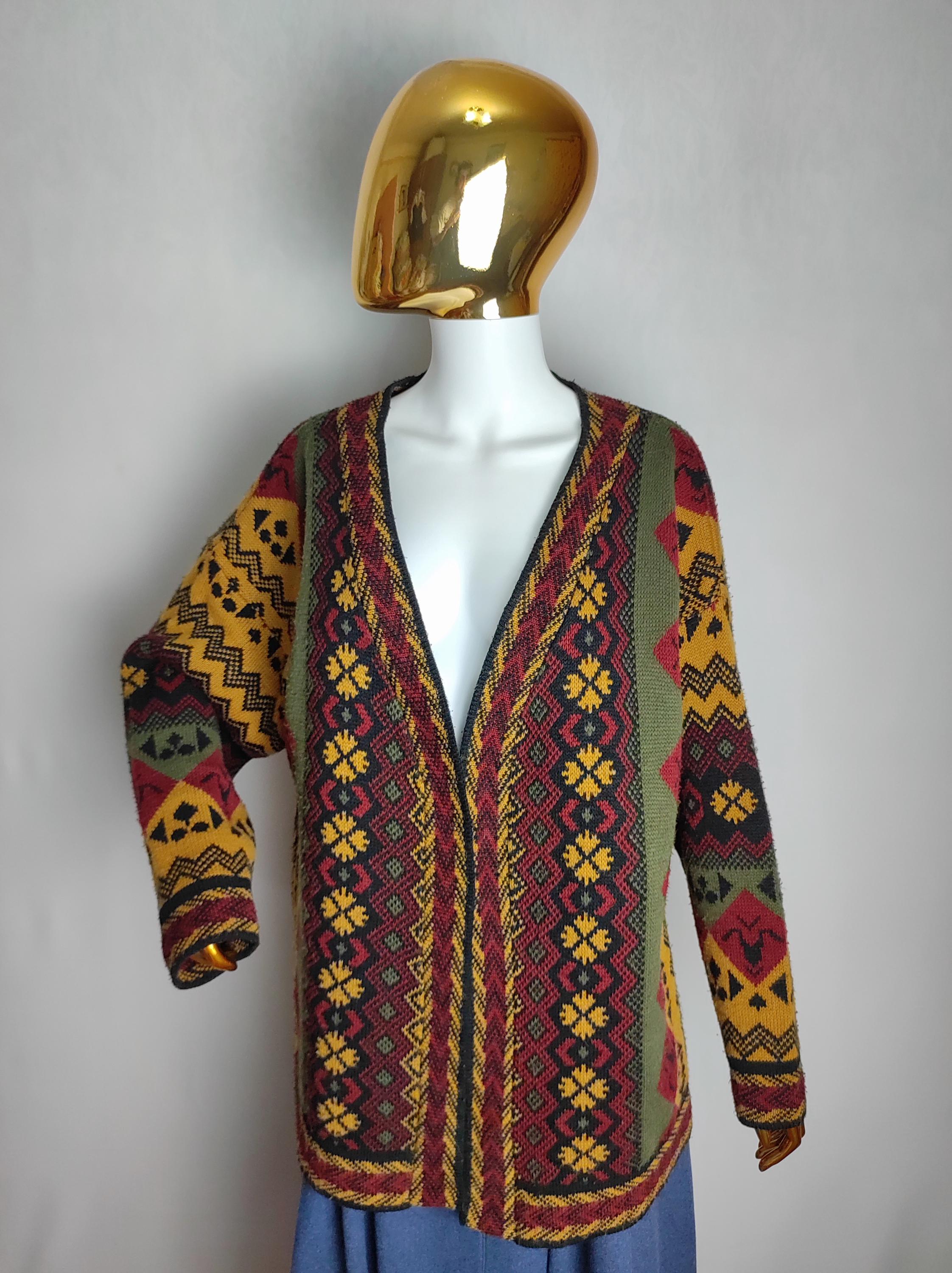 トップス CALEE GEOMETRICPATTERN OVERSIZE CARDIGAN 80s Nordic Open Front Cardigan, Geometric Pattern V-neck Cardigan