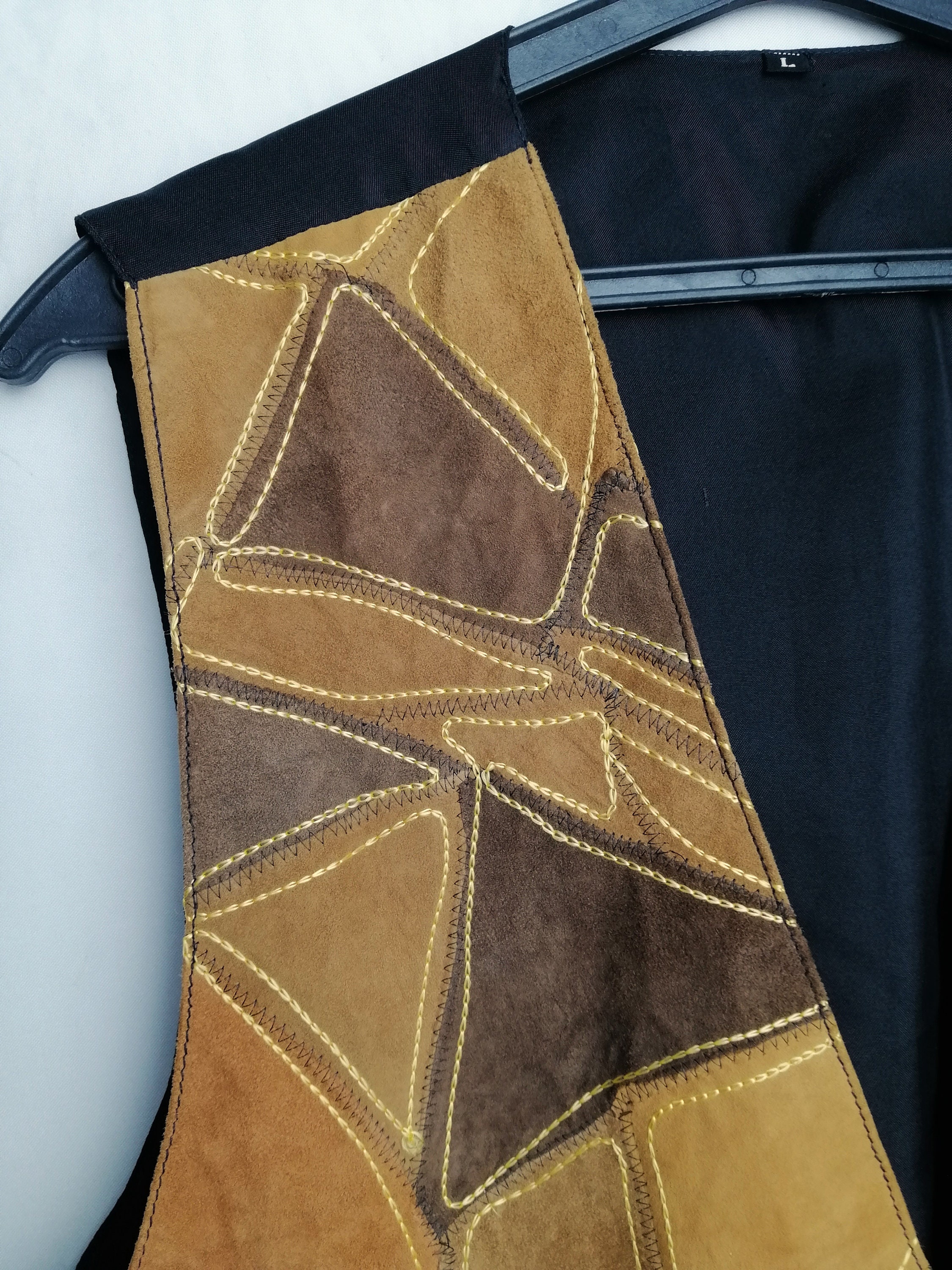 Real Leather Patchwork Vest, Western Cowboy Waistcoat, 90s