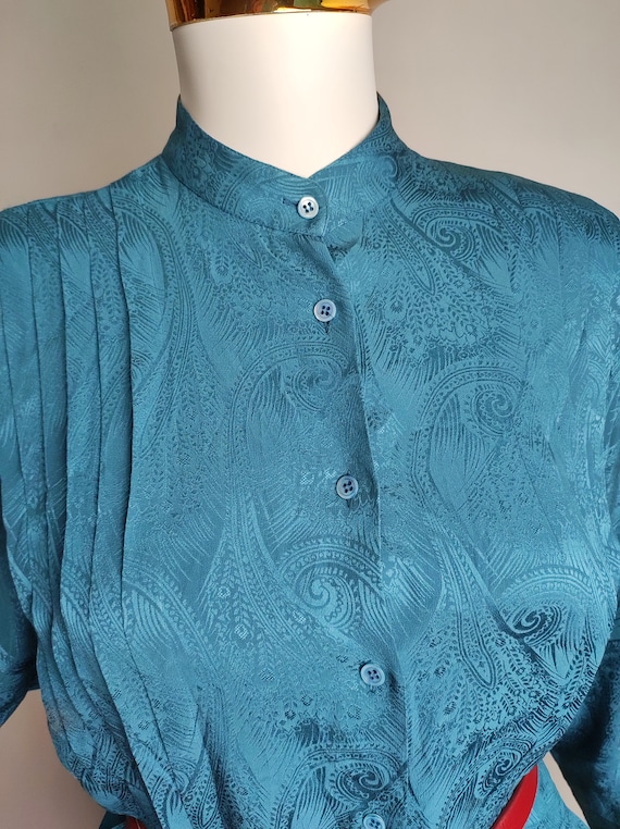 70s Turquoise Silk Blouse, Pleated Pure Silk Shir… - image 2