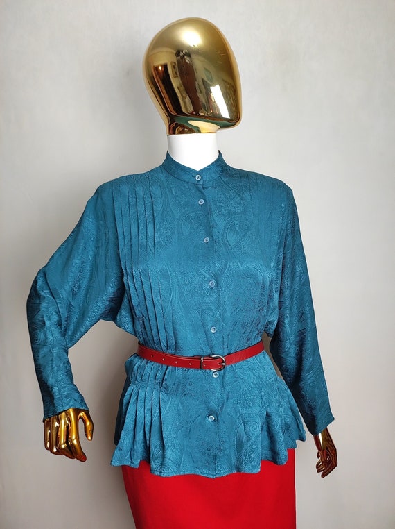 70s Turquoise Silk Blouse, Pleated Pure Silk Shir… - image 1