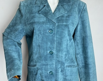 90s Women Suede Jacket, Slate Blue Genuine Leather Blazer, Minimalist Western Coat, Classic Retro Fall Jacket, Timeless Suede Outerwear, M L