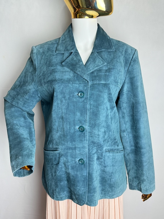 90s Women Suede Jacket, Slate Blue Genuine Leather Blazer, Minimalist Western Coat, Classic Retro Fall Jacket, Timeless Suede Outerwear, M L