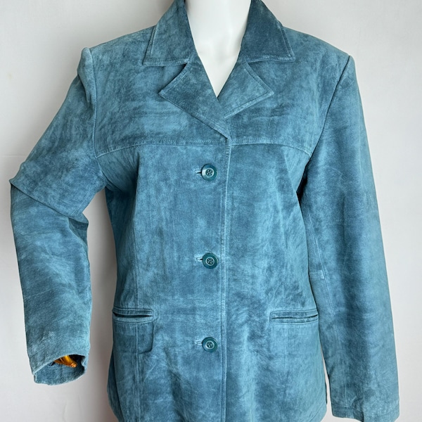 90s Women Suede Jacket, Slate Blue Genuine Leather Blazer, Minimalist Western Coat, Classic Retro Fall Jacket, Timeless Suede Outerwear, M L