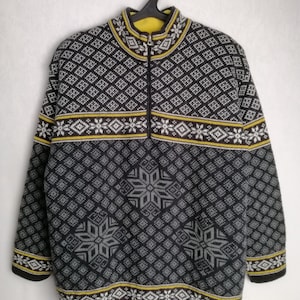 Norwegian Wool Zip Up Sweater, 90s Nordic Folk Sweater, Scandinavian Pattern Jumper, Mens Wool Knitwear, Warm Winter Ski Sweater, Size L
